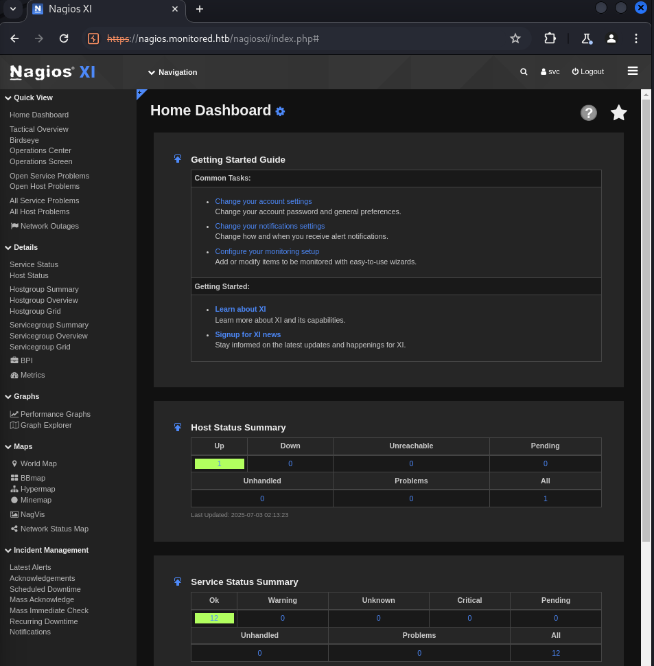 Authenticated into Nagios XI as svc through the recovered cookie