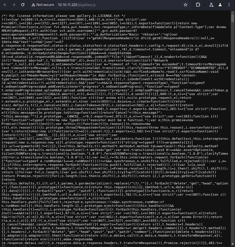 Minified Vue.js bundle revealing the application's routes and API calls